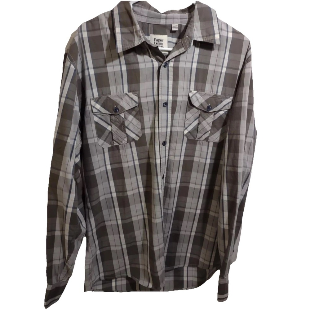 Paper Denim & Cloth Mens XL Grey Plaid Long Sleeve Button Down Shirt Pockets
